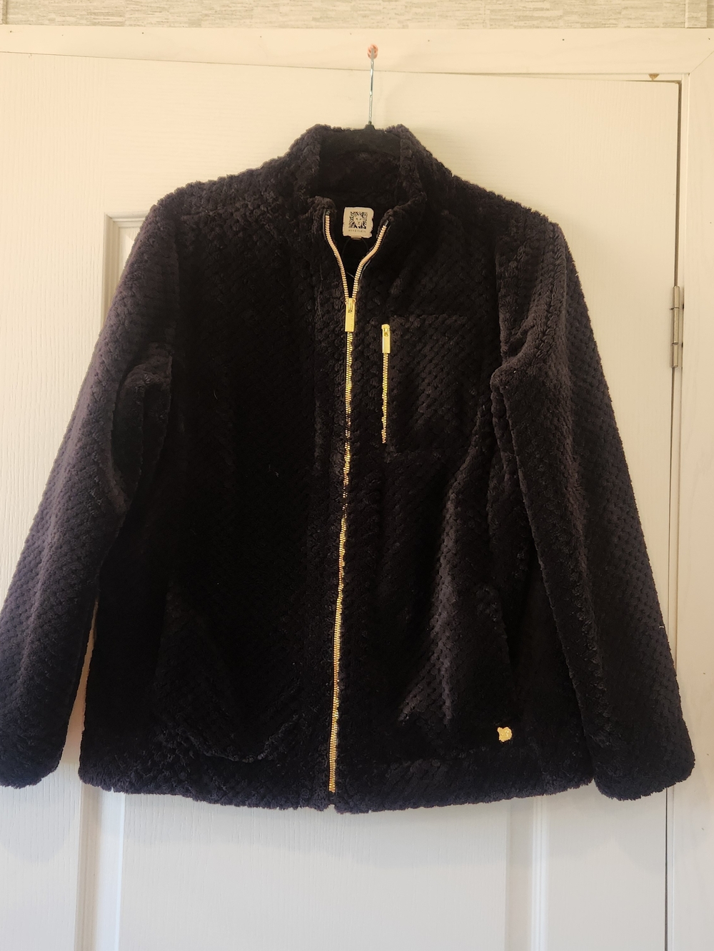 Anne Klein Black Plush Zip-Front Jacket with Gold Accents S Euc